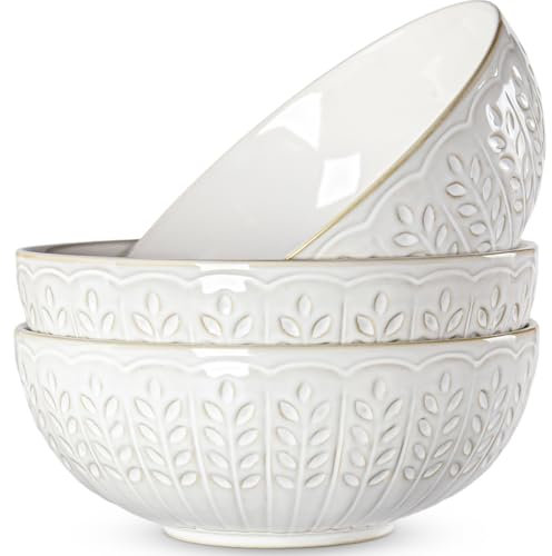 Yuanlity Große Pho-Suppenschüsseln, 1,7 l, 3 Stück, 20,3 cm, arktweiß, geprägte Steingut-Schalen für Suppe, Pho, Ramen und Salat, elegante und langlebige große Keramikschalen, Blattmuster