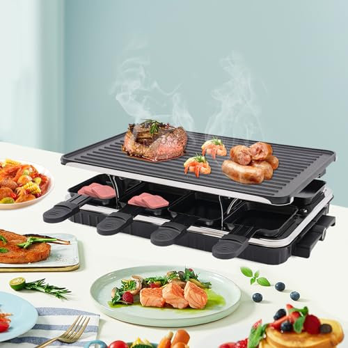 Elektrischer Tischgrill, 1300W Plancha-/Teppanyaki-Grillplatte mit Antihaftbeschichtung & 8 kleinen Backblechen, Grillspaß für bis zu 6-8 Personen, Max Temperatur Etwa 230°C/446°F