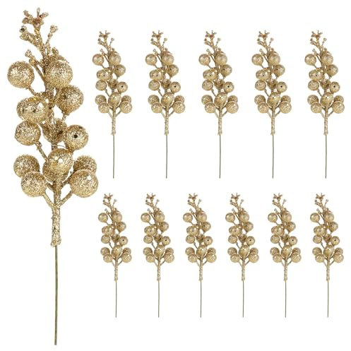 12 steli di bacche glitterate natalizie, 20 cm, rami di bacche di agrifoglio artificiali, bacche di Natale, ornamenti per albero di Natale, fai da te, decorazioni per ghirlande di Natale (oro)