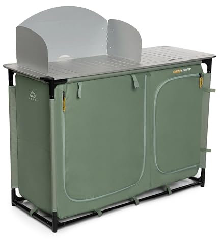 KADVA CAMPCook 221 Camping Küchenschrank faltbar 48,5x121x83,5 cm Campingschrank aus strapazierfähigen Materialien Leichte und stabile Konstruktion Einfacher Aufbau und Transport Farbe Grün