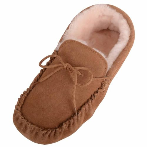 SNUGRUGS Womens Genuine Sheepskin Lined Moccasin Slipper with Soft Sole - Chestnut - UK 4 / EU 37