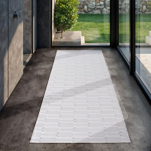 SIMPEX Indoor Outdoor Teppich wetterfest 80x250 cm, 3D Optik, Ethno Boho Design, waschbar, wetterbeständiges, Natur Creme Farbe, Teppich Wohnzimmer, Küchenteppich, Läufer