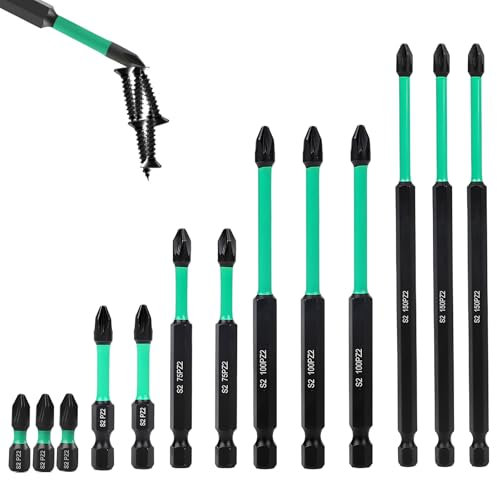 Aiyraa 13 Pcs PZ2 Impact Driver Bits Set, S2 Steel Magnetic Driver Long Screwdriver Bits for Dewalt Non-Slip Anti-Impact Batch Head for Screwdriver Bit Set 150mm 100mm 75mm 50mm 25mm
