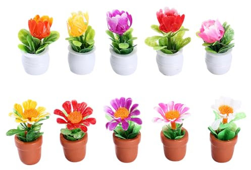 10 Pcs Miniature Flower Pot Figurines Tiny Fairy Garden Flowers Doll House Flowers Mini Resin Potted Plants Micro Landscape Plants Cute Dollhouse Accessories for Decoration