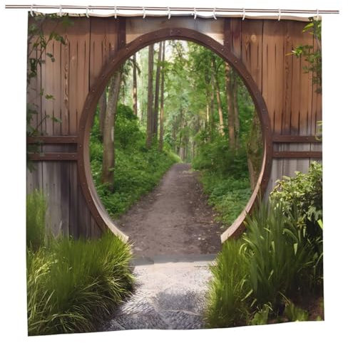 Rideau de douche motif jardin japonais, porte rustique authentique, porte ouvrant la forêt, rideau de douche extérieur imperméable pour décoration de salle de bain avec 12 crochets, 180 x 180 cm
