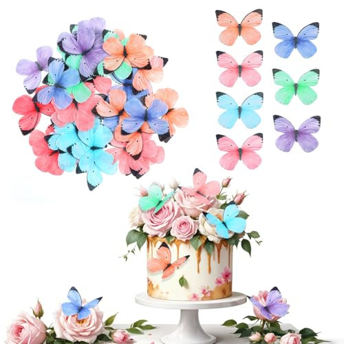 50 Stück Essbare Schmetterlinge für Torte Bunte Schmetterling Deko Torten Kuchen Deko Esspapier Tortendeko Schmetterling für Mädchen Geburtstag Jahrestag Hochzeit Baby party