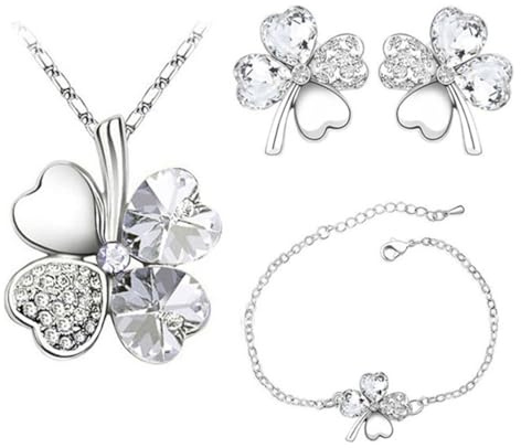 Auriselle Señoras Joyería Set Trébol de Cuatro Hojas de la Suerte Pendientes Collar Pulsera 3 Piezas Mujeres Joyería con Zirconia Cúbico Regalos de Boda para Damas, Plata