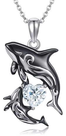 HUKKUN Killer Whale Orca Halskette Sterling Silber Whale Herz Halskette Meer Tier Strand Themed Anhänger Halskette Geschenke Ozean Schmuck für Frauen Mutter Tochter