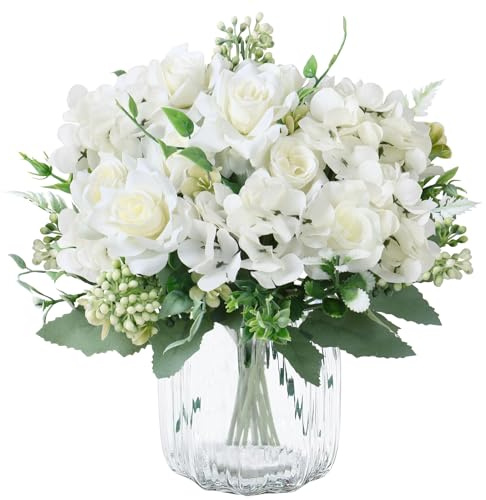 SOMYTING 3 Bündel Rosen Künstliche Blumen Kunstblumen Wie Echt (Weiß) | Künstliche Rosen Blumenstrauß Fake Rosen Seidenblumen für Hochzeitsfeier, Tischdekoration, Garten, Wohnraumdekoration