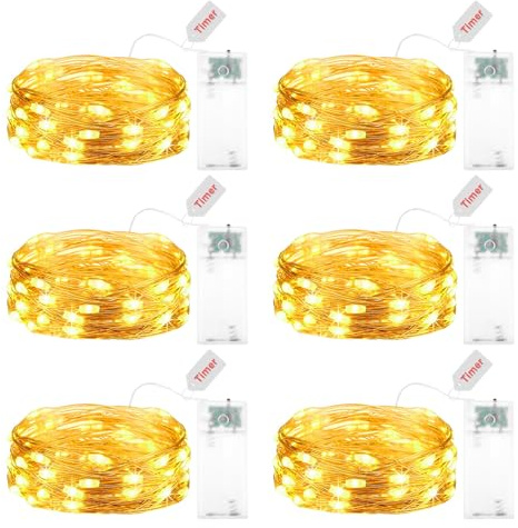 Kaleora 6 Stück LED Lichterkette Batterie mit Timer, 2M 20 LED Micro Kupferdraht Lichterketten Batteriebetrieben, Warmweiß Lichterkette für Weihnachten Party Halloween Hochzeit Innen Deko