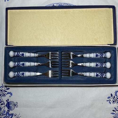 6 Stk. ABS rostfrei 18-10 DDR Gabeln Kuchengabeln aus Edelstahl mit Zwiebelmuster Porzellan Griffen im Originalkarton. VEB Auer Besteck- und Silberwarenwerke