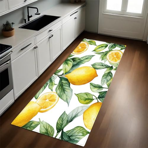 Aquarellstil Küche Bodenmatte Zitronen und grüne Blätter rutschfest Waschbar Fußmatte Läufer Flurteppich Teppich Küchenläufer Küchenteppich 60x120 cm