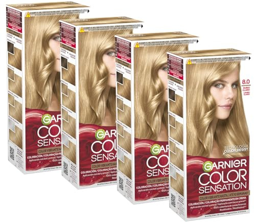 Garnier Color Sensation Pack 4 8.0 Rubio Luminoso Tinte Permanente | Color Intenso y Brillo Espejo, Cobertura 100% Canas, Aceites Florales, Color Sensation