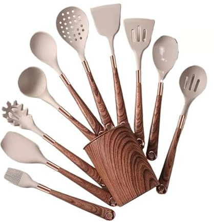 Generico Ustensiles de cuisine en silicone, manche en bois plaqué or, spatule, cuillères, ensemble de casseroles