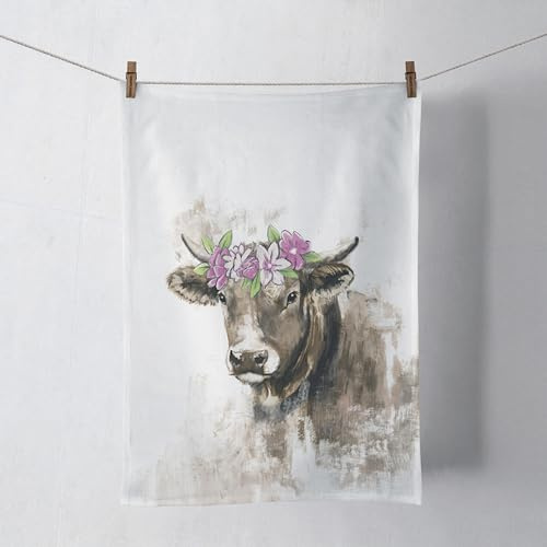 Ambiente Küchentuch Baumwolle 50x70cm Kuh mit Blumenkranz Design - strapazierfähig & pflegeleicht - Küchenwäsche Landhausstil - Geschirrtuch Wischtuch Trockentuch - Küchenhandtuch Weiß Braun