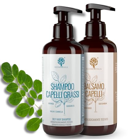 Kit Shampoo für fettiges Haar 250 ml + regenerierender Conditioner 200 ml – 99 % natürlich, ohne SLS, Silikone und Parabene – mit Moringa Bio, Argan, Kokosnuss und Honig – reinigt fettige Haut
