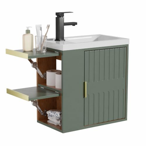 UEV Meuble Lavabo Mural, Meuble Lave-Mains Suspendu, 50x30x54cm, Vert | Gain de Place, Rangement Intégré avec Placard, Deux Tablettes, Idéal pour Petites Salles de Bain et WC
