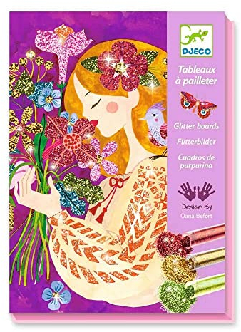 Djeco Kreatives Set mit Pailletten, Duft der Blumen, 6 – 10 Jahre – 4 bedruckte und vorgeklebte Karten, Pailletten, Pinsel, Box und Anleitung – Kreativset für Kinder – Aktivität ohne Unordnung