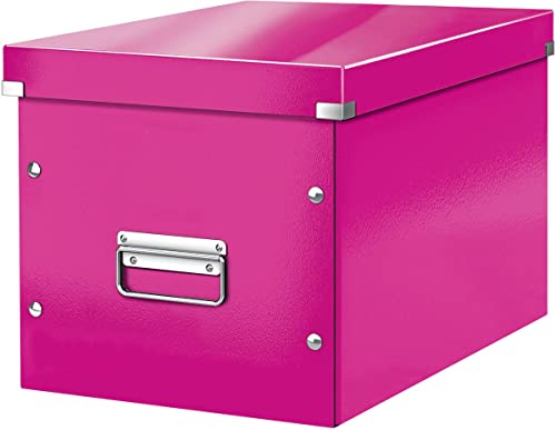 Leitz Click & Store Aufbewahrungsbox mit Deckel Groß, Würfelbox passend für Kallax Regale in Wohnzimmer oder Büro, Box aus 80 % recycelter Premium-Hartpappe, Stabile Metallgriffe, Pink, 61080023