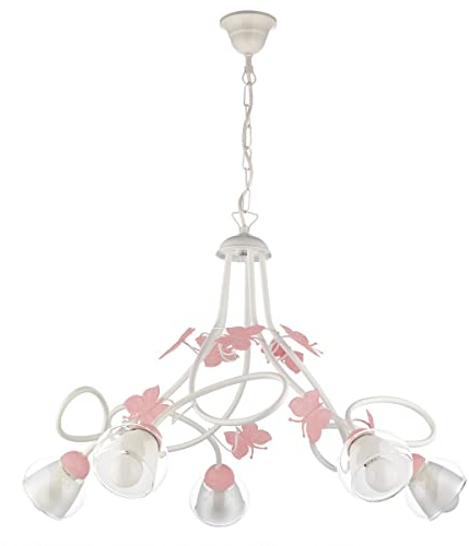 ONLI - Lámpara de techo con 5 luces de metal blanco con mariposas rosas