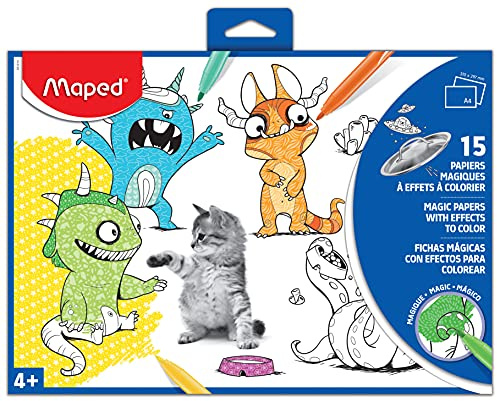 Maped - 15 magische Effektpapiere zum Ausmalen – Format A4 (21 x 29,7 cm) – Ausmalen von Fotos – Tasche aus wiederverwendbarem Karton mit 15 Illustrationen – kreative Hobbys