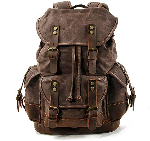 Mens Waxed Canvas Rucksack Leder Rucksack für Männer Wax Leather Rucksäcke Travel Vintage Bookbag mit Laptopfach Rustikal Large Waterproof,Braun