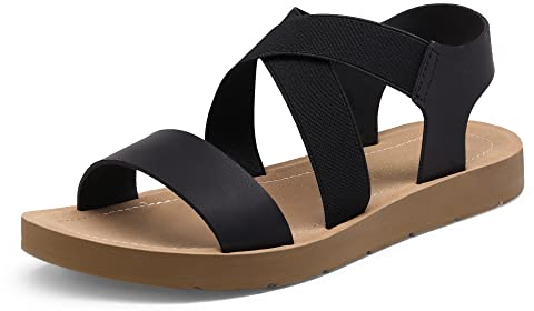 DREAM PAIRS Women's Open Toe Elastic Ankle Strap Flat Summer Sandals,Size 7,Black,Elena-2