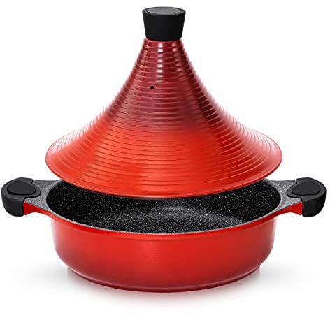 Marmite à tajine marocaine | Intronisation | Couvercle auto-arrosant 28 cm de large en métal | Casserole de tajine à cuisson lente traditionnelle super antiadhésive (Red)