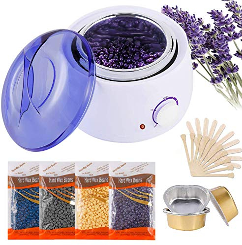 Hair Removal Waxing Kit Wax Heater Wax Warmer with 4 Packs of Hard Wax Beads 20 Spatulas,5 Bowl,Painless at Home Wax Kit Hair Removal Kit with Handle Pot 500ml for Paraffin Soft Wax Cream