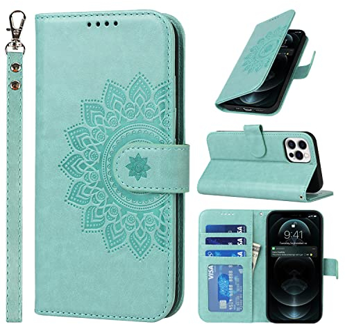 ELTEKER Handyhülle iPhone 12, iPhone 12 Pro Hülle, [3 Kartenfächer] [Magnet Verschluss] Leder Eleganter Prägung Schutzhülle Ledertasche Klapphülle Hülle für iPhone 12/12 Pro, Grün