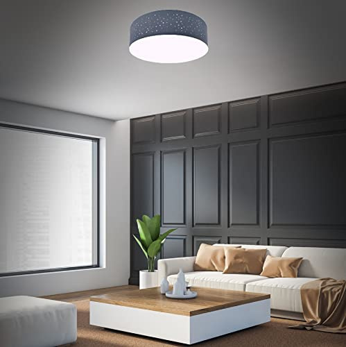 Trango 3135L LED Deckenleuchte mit 38cm Ø Sternenhimmel Stoffschirm in *GRAU* rund inkl. 2x E27 LED Leuchtmittel 3000K warmweiß Wohnzimmer Schlafzimmer Flur Gästezimmer Bürolampe Stoffdeckenleuchte
