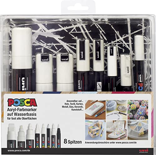 Faber-Castell uni-ball 186803 - POSCA Marker Spitzenset, weiß, 8er Set mit allen Spitzenvarianten
