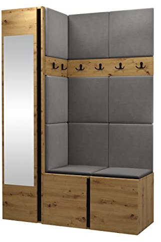 Mirjan24 Garderoben-Set Monati X, Kleiderschrank mit Spiegel, Schuhschrank + 2X Kleiderhakenbrett Gepolstertes Paneel/Wandpaneel, 6 Doppelhaken Flurgarderobe (Eiche Artisan/Schwarz, Manila 16)