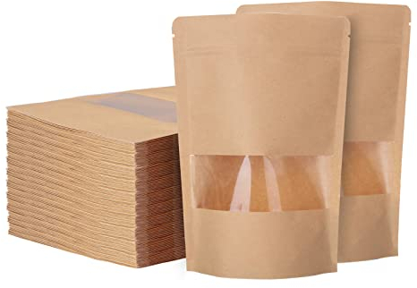 SENENQU 200 Pcs Papiertüten Mit Fenster, 14×20CM Standbodenbeutel Kraftpapier, Kraftpapiertüten Mit Klarem Fenster für Nüsse Und Lebensmittel Verwendet