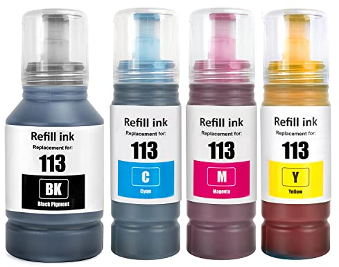 SHUOLEI 113 Tinte Kompatibel mit Epson 113 Tintenpatronen Nachfülltinte Multipack für ET-5850 ET-16600 ET-5150 ET-5170 ET-5150 ET-16650 ET-15000 ET-5100 ET-5800 ET-5880 ET-16150 (4 Pack, BK C M Y)