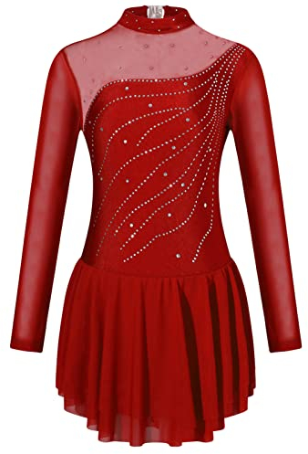 iEFiEL Mädchen Eiskunstlauf Kleid Langarm Glitzer Ballettkleid Swing Kleid Schaukel Tanzkleid Turnanzug Kinder Tanzkostüme Ze Burgundy 140