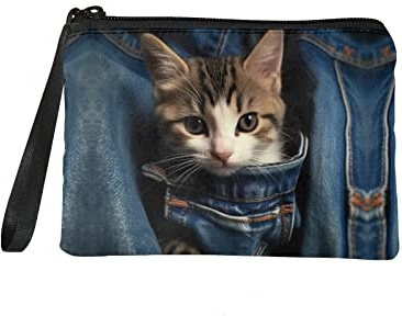 Kuiaobaty Pochette porte-monnaie avec fermeture éclair, Jeans Pocket Cat, Pochette à monnaie