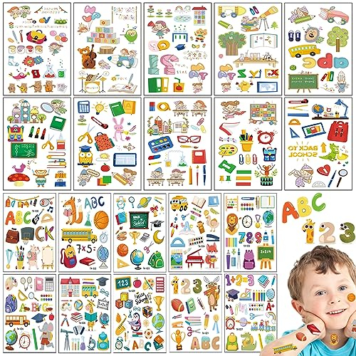 IWTBNOA Einschulung Tattoos Mädchen Jungen, 20 Bögen Einschulung Aufkleber Kindertattoos, Aufkleber zum Schulanfang, Schulanfang Geschenke, Schulkind Kindertattoo für Zuckertüte ABC Einschulungsparty