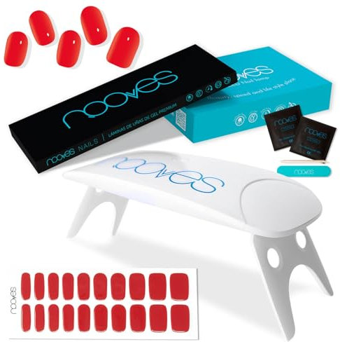 NOOVES Láminas de Gel para Uñas + Lámpara de Secado | 20 uds Rojo, Semicuradas y Veganas con Lima y Palito de Naranjo