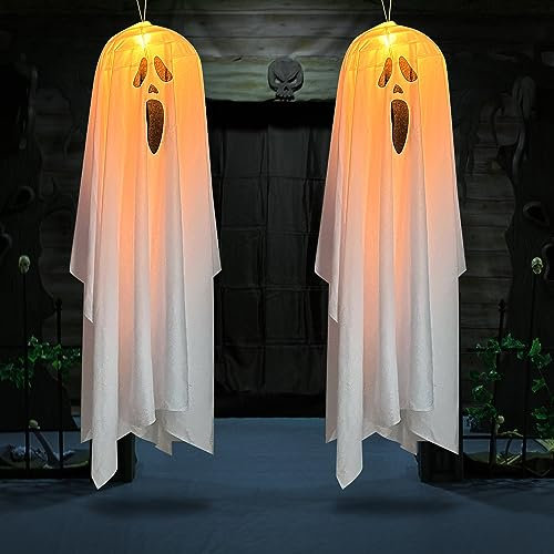 Décoration Halloween Fantôme, 2 Pièces Décoration Fantôme à Suspendre avec Lumière LED, Grande Taille Fantôme Deco Lumineuse Halloween pour Extérieur, Intérieur, Jardin, Cour, Domicile, Arbre