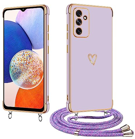 E-Lush Handykette für Samsung Galaxy A14 5G / 4G Hülle mit Band, Handyhülle für Samsung A14 mit Kette Schutzhülle Herz Love Muster Galvanik Silikon Stossfest Case mit Kordel zum Umhängen, Lila