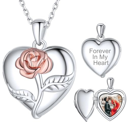 Supcare Collana con Foto Personalizzata, Rosa Cuore Collana Portafoto Argento 925 Donna, Medaglione Collana Personalizzata con Foto, Gioielli Personalizzati Idee Regalo per Mamma Donne