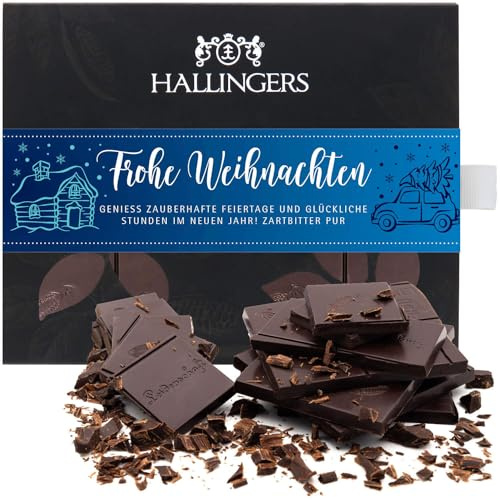 Hallingers Genuss Manufaktur Vegane Schokolade Weihnachts-Geschenk - Tafel aus handgeschöpftem Edelkakao ohne Alkohol edler Karton Frohe Weihnachten Pur 85%, Weihnachten für Frauen Männer