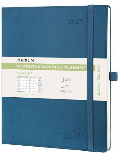 POPRUN Kalender 2025 Monatsplaner A4 (Jul.2024 - Dez.2025) - 18 Monate Monatskalender Softcover 26,5 x 21,5 cm - 1 Monat 4 Seiten, mit PU-Leder, 100 GSM Papier - Marineblau