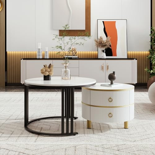 BTM Table Basse Gigognes Rondes, Table Basse Blanche en Marbre avec 2 Tiroirs, avec Pieds Dorés, Cadre en Métal, pour Salon, 50 * 50 * 40 + 70 * 70 * 46cm, Blanc