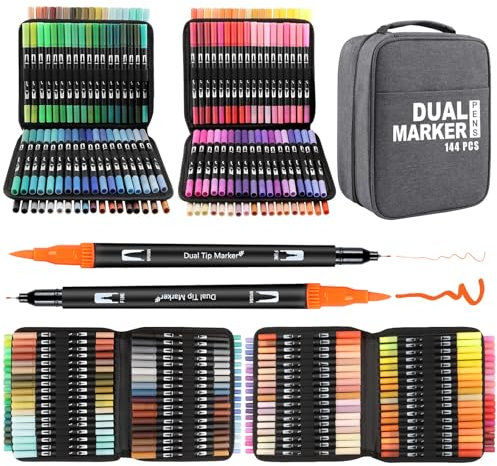 Gelanty Dual Tip Colouring Pens, 144 Colors Felt Tip Pens Brush Pens, Colouring Pens for Adults and Children, Drawing Pens Art Pens for Colouring, Painting, Writing, Drawing and Sketching