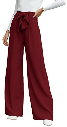 Cicy Bell Damen Weite Bein, Stoffhose Damen Hohe Taille Palazzo Hose, Leicht, Lockere Freizeithosen, Hose Krawatte Knoten Taschen-Elegant Casual Weite Hose,Hosen-Burgunderrot, XL