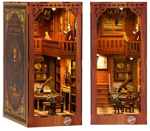 Wooderma Book Nook Puppenhaus Holz, DIY Book Nook Bibliothek Kit, Miniatur Puppenhaus mit LED Leuchten, Bücherecke Deko, Modellbausätze für Erwachsene Teens, Miniatur Haus Kit für Bücherregal Deko