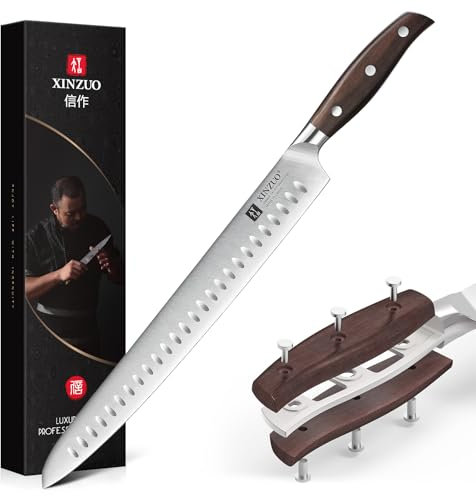 XINZUO Acier Inoxydable 30cm Couteau à Trancher, Multifonctions Couteau Saumon, Acier Inoxydable 1.4116 Allemand Couteaux à Jambon -Couteau à Barbecue Professionnel -Poignée en Red Sandalwood