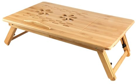 Mesa de cama plegable, mesa de ordenador de bambú, patas ajustables en altura plegable reclinable con cajón y orificios de ventilación, poco espacio, mesa de cama, 66 x 35 x 30 cm, color madera